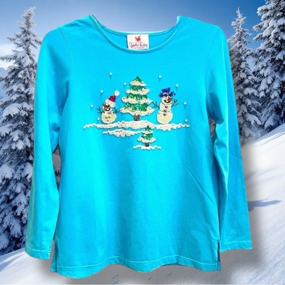 Beaded & Sequined Front & Back Snowman Turquoise Cotton Long Sleeve Tee Size Med - Picture 2 of 7